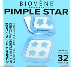 Biovène PIMPLE STAR PATCHES & MIRROR CASE Blue Pimple Patches - Anti-Blemish Stars in portable mirror case, 32 patches 4 g