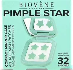 Biovène PIMPLE STAR PATCHES & MIRROR CASE Green Pimple Patches - Anti-Blemish Stars in portable mirror case, 32 patches 4 g