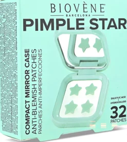 Biovène PIMPLE STAR PATCHES & MIRROR CASE Green Pimple Patches - Anti-Blemish Stars in portable mirror case, 32 patches 4 g