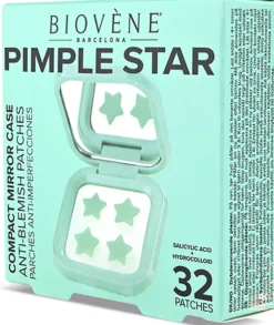 Biovène PIMPLE STAR PATCHES & MIRROR CASE Green Pimple Patches - Anti-Blemish Stars in portable mirror case, 32 patches 4 g