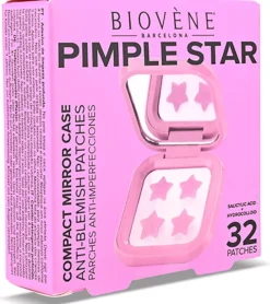 Biovène PIMPLE STAR PATCHES & MIRROR CASE Pink Pimple Patches - Anti-Blemish Stars in portable mirror case, 32 patches 4 g