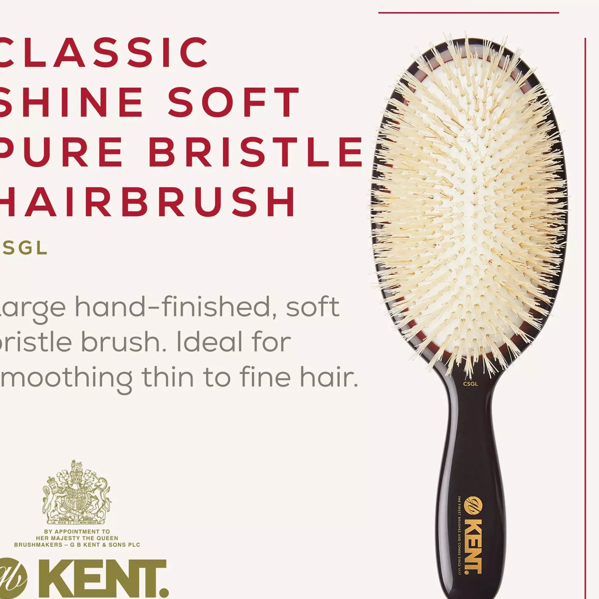 Kent Brushes Classic Shine Large Soft White Pure Bristle Hairbrush