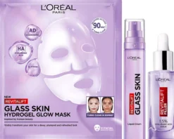 Loreal ParisRevitalift Filler 1,5% Hyaluronic Acid Serum 30 ml & Glass Skin Liquid Cream 50 ml & Hydrogel Glow Mask