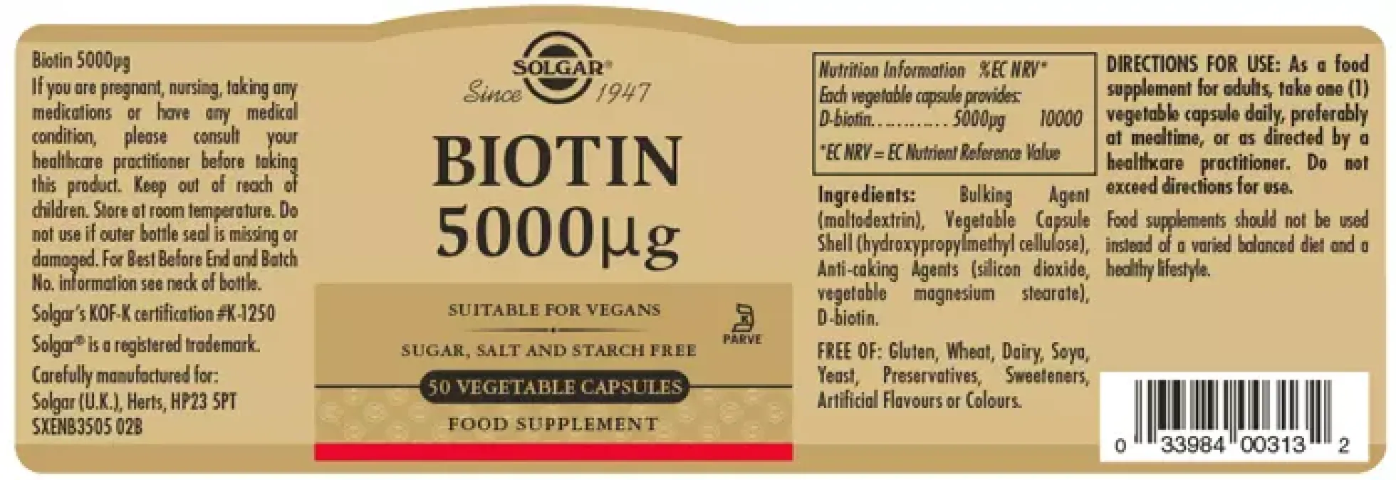 Solgar Biotin 5000 µg Vegetable Capsules 50 st